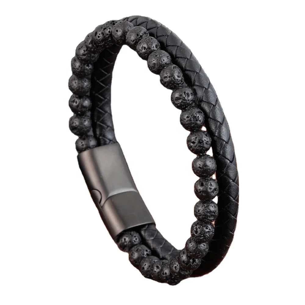 Natural Volcanic Stone Braided Leather Cord Bracelet Multilayer Fashion Charm Jewelry