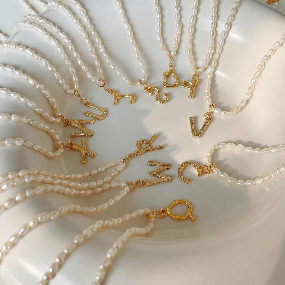 Baroque Pearl A-Z Initial Alphabet Letter Necklaces Twisted Bamboo Natural Freshwater Pearl Necklace Sterling Silver 925 Jewelry