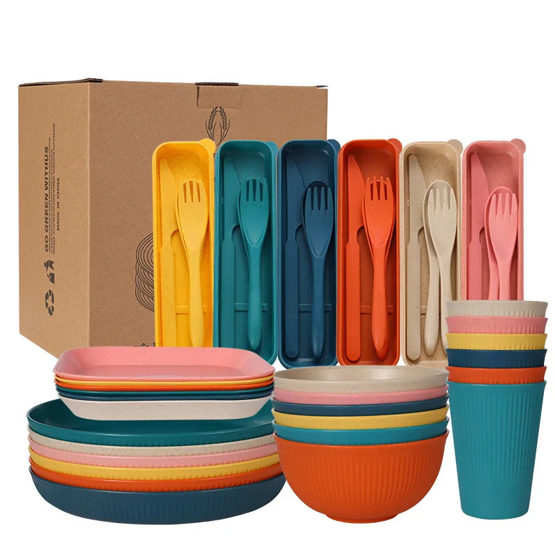 Unbreakable Wheat Straw Dinnerware Set Reusable Microwave Safe Plastic Plates Bowls Cups Cutlery For Camping Picnic Party