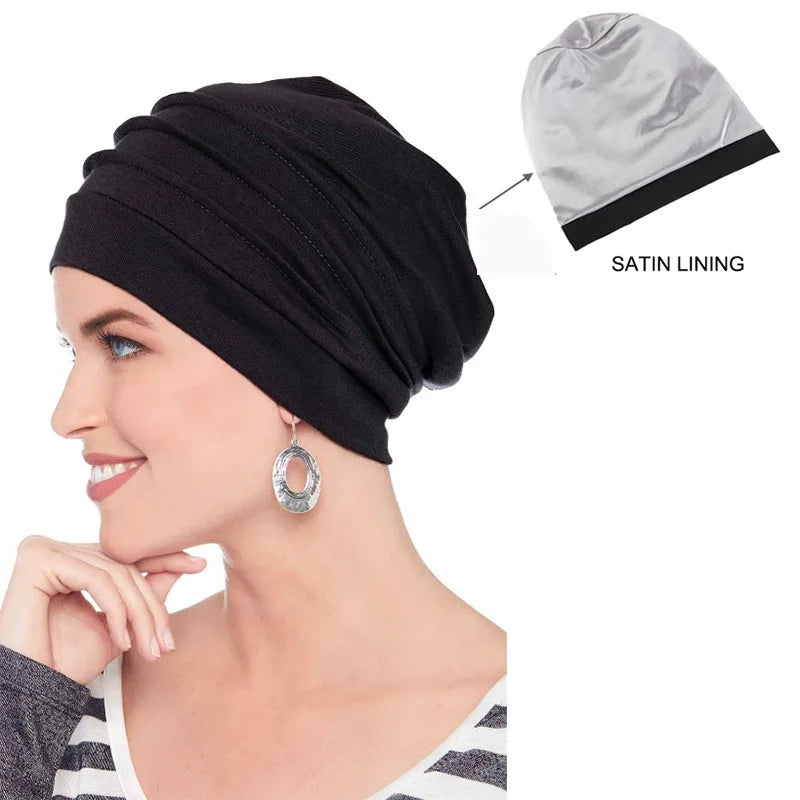 Women Soft Satin Lining India Hat Stretch Sleep Cap Muslim Ruffle Cancer Chemo Hat Beanie Scarf Turban Head Wrap Cap