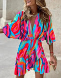 2024 Popular Print Bat Sleeve V-neck Hem Irregular Dress for Women