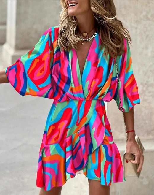 2024 Popular Print Bat Sleeve V-neck Hem Irregular Dress for Women
