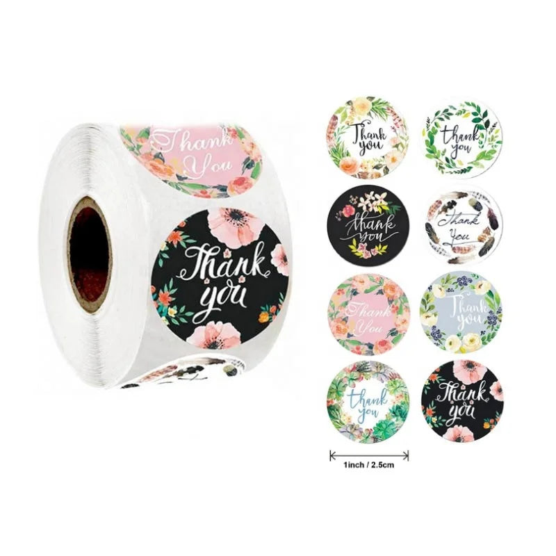 500pcs/Roll Black and White Stripe Floral Thank You Cute Round Sticker for Kids