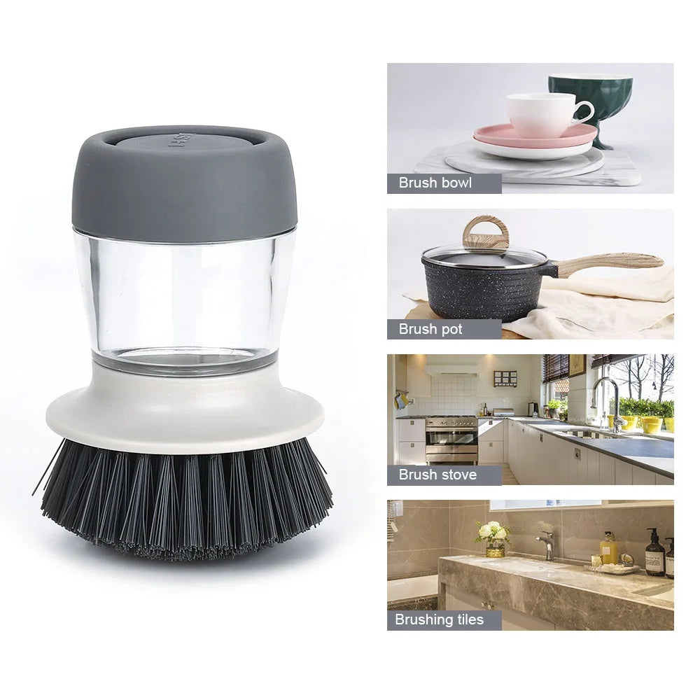 Plastic Soap Dispensing Palm Dish Washer Brush Kitchen Scrubber Cleaning Brush With Nylon Bristles