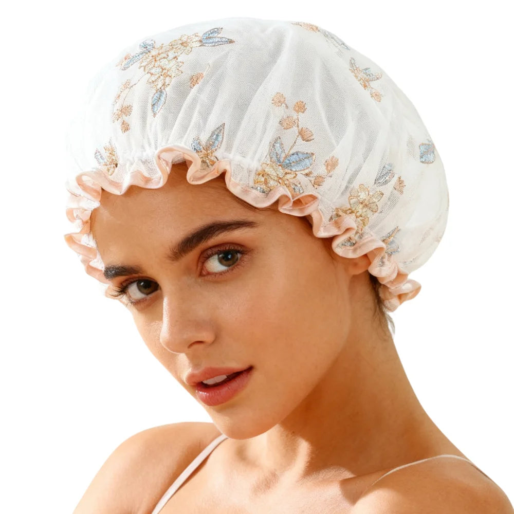 QINGYAN Shower Caps Hot Sales Women Long Hair Used Double-layer Waterproof Sustainable Embroidered Flowers Shower Caps