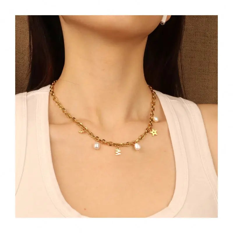 Chris April in Stock 316L Stainless Steel PVD Plated Simple Bee&star Letter Pearl Choker Necklace