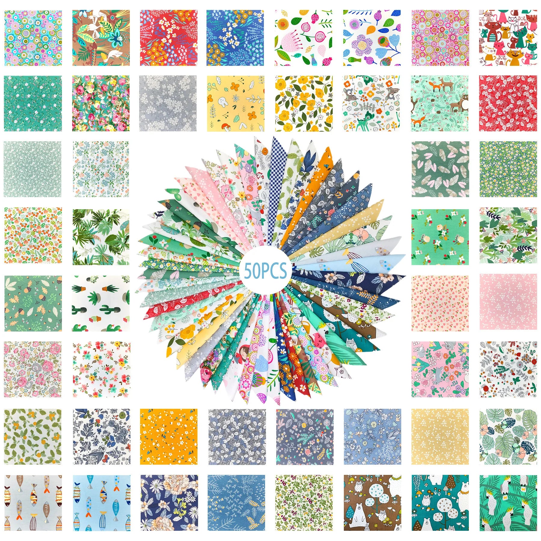 50 Pieces Eco-Friendly Durable Floral Styles Cotton Cloth Patchwork Squares Quilting Fabric Bundles for DIY Crafting Hand Sewing