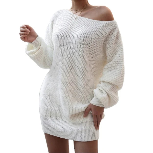 Hot Selling Women's Autumn and Winter European and American Long Sleeved One Line Collar Casual Loose Knit Sweater Dress