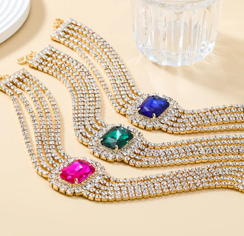 Luxury Multilayer Rhinestone Big Crystal square Choker Necklace for Women Luxury Party Wedding Necklace Fashion Jewelry