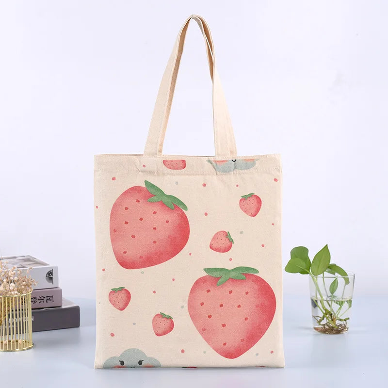 New Fashion Casual Reusable Eco-Friendly Canvas Tote Bag with Custom Printed Cute Strawberry Design Large (>50cm) Shoulder Strap