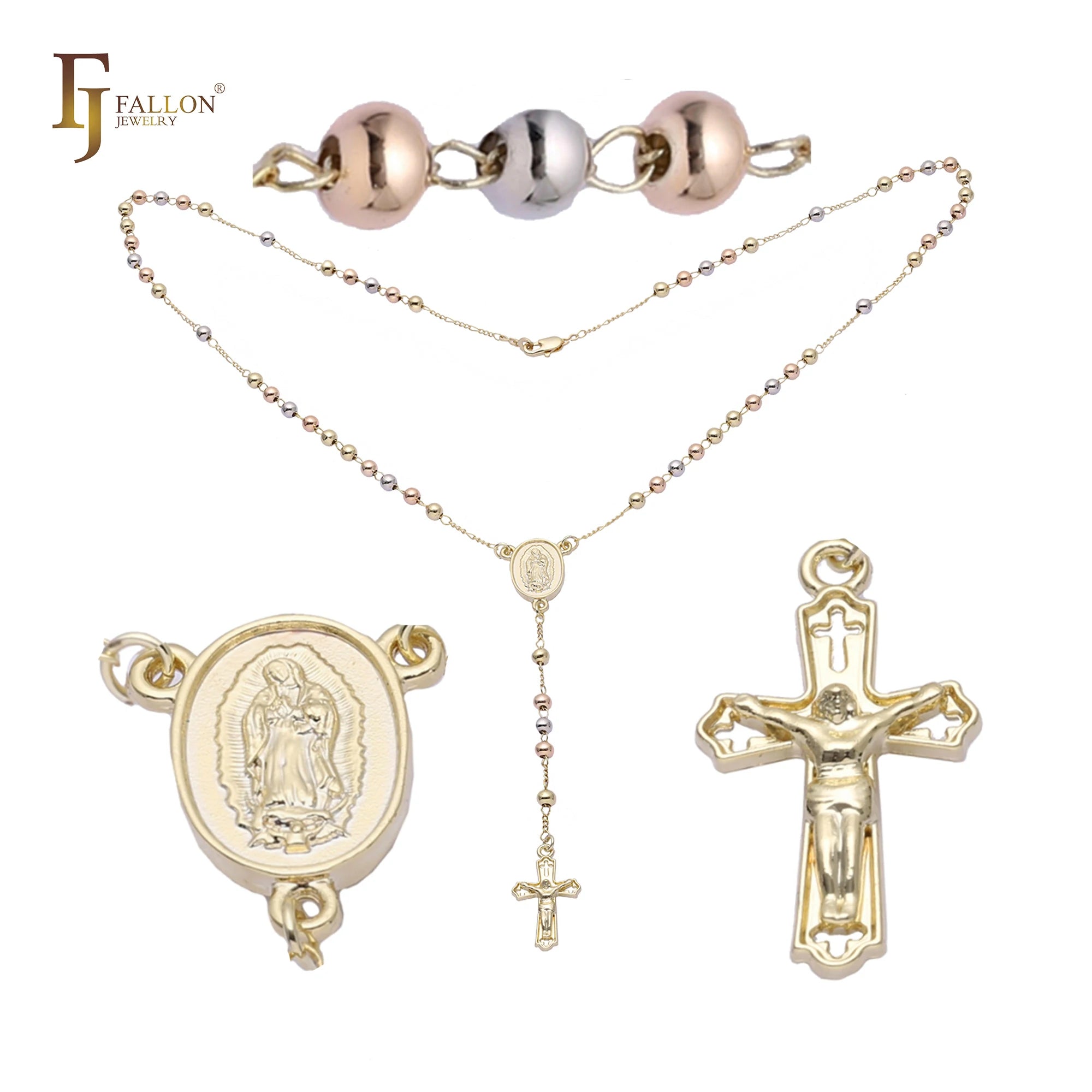 FJ Fallon Fashion Jewelry Italian Virgin of Guadalupe Catholic Rosary Necklace Plated in 14K Gold Two Tone