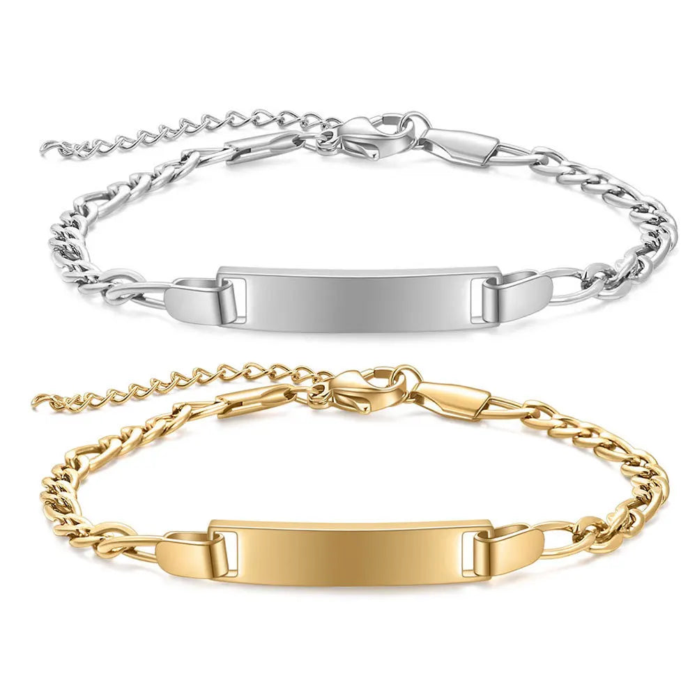 MECYLIFE Figaro Chain Bracelet Custom Engraving Blank Bar Bracelet Stainless Steel Bracelet for Women and Girls