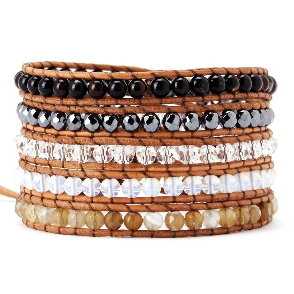 Customized Bohemian 5-Layer Beaded Leather Wrap Bracelets Fashionable Healing Hematite Agate Jade Crystal Jewelry