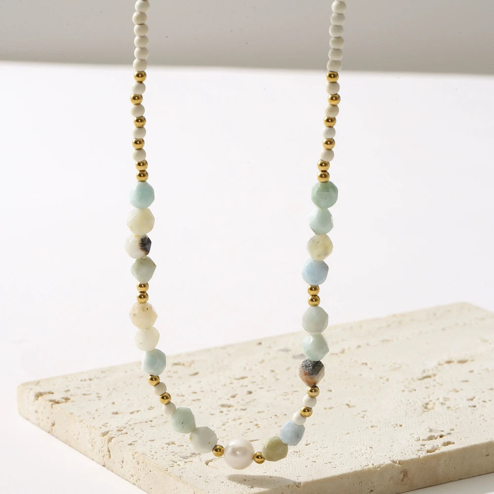 Colorful Natural Stone Pearl Beads Chain Choker Necklace 18K PVD Gold Plated Stainless Steel Necklaces Jewelry for Women Low MOQ