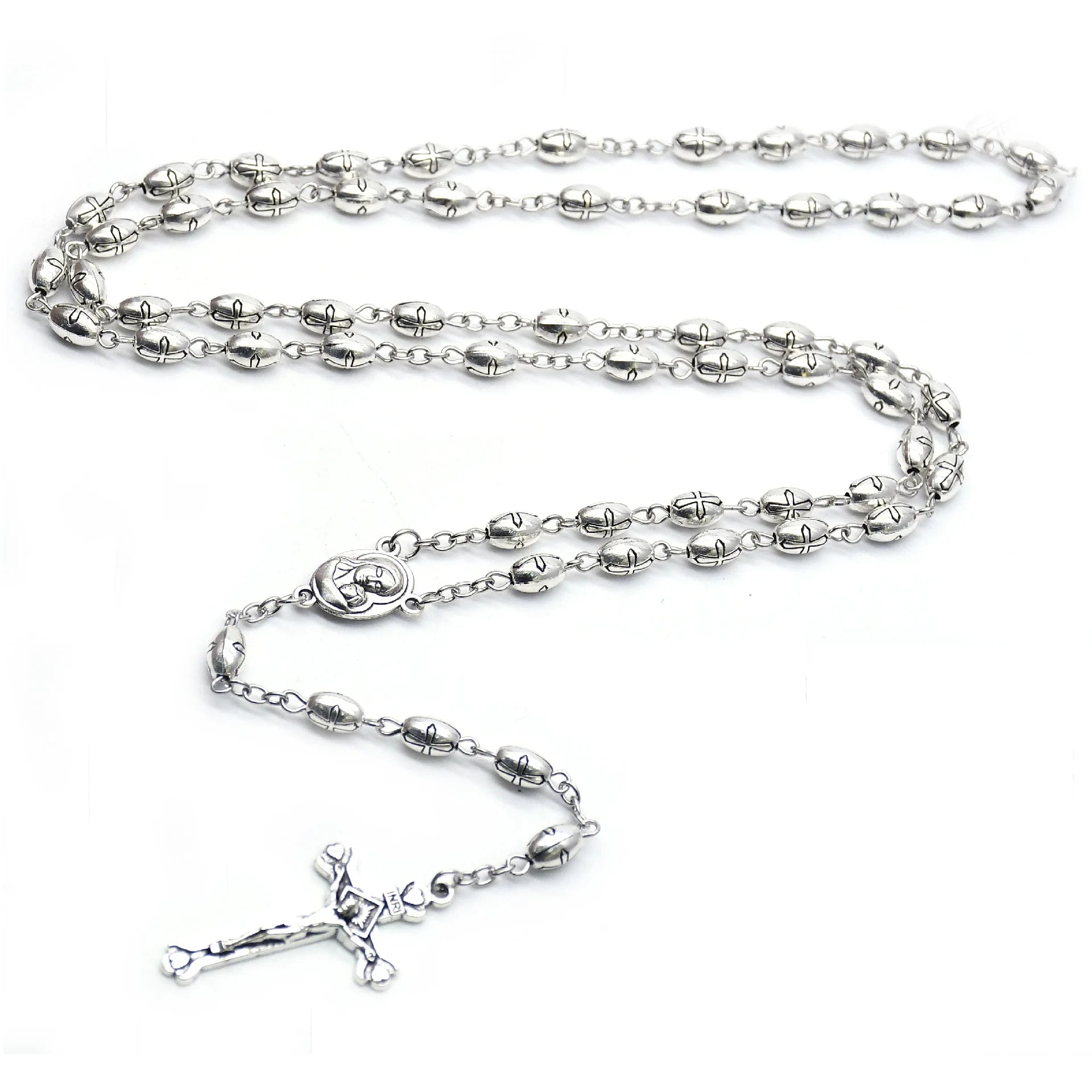 Catholic Ancient Silver Alloy Rice Shaped Beads Mother Mary Jesus Cross Prayer Chain Necklace Sublimation Rosary