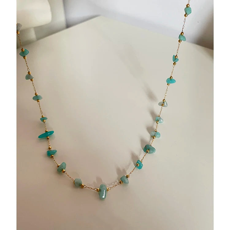 Stainless Steel Green Aventurine Natural Stone Necklace 18K Gold Plated Irregular Beaded Necklaces Women Vintage Boho Jewelry