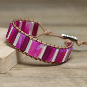 Handmade Vintage Yogini Leather Wrap Bracelet for Women Rose Red Striped Agate Stone Beaded Bracelet Trendy Style