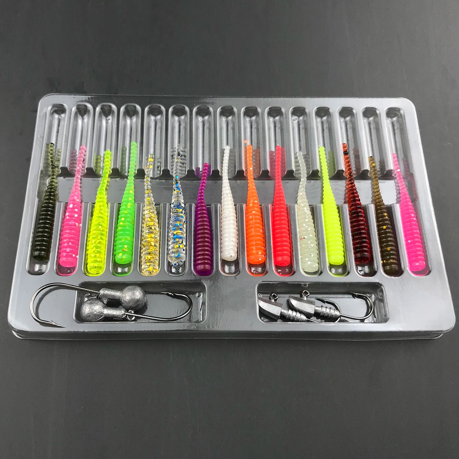 19pcs Fishing Lure Sets Luminous Pin Tail Plastic Soft Lure Jig Head Hook Lure Baits Combo