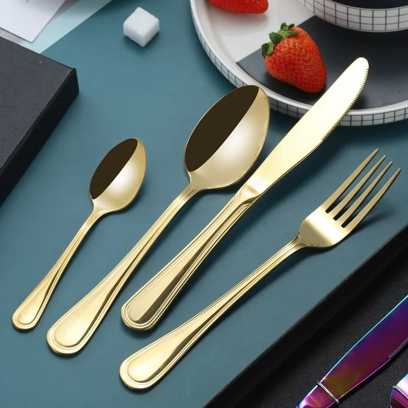 Luxurious Double Line Series Plated Stainless Steel Cutlery Westernt Style Knife Fork Spoon Flatware Set for Hotel Restaurant