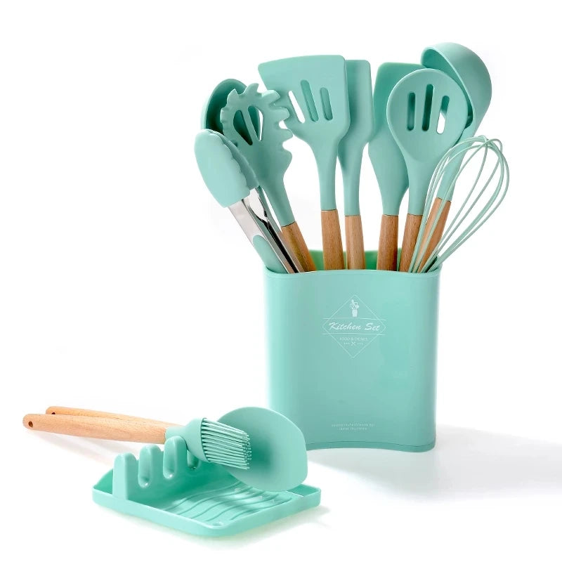 13PCS Cooking Kitchenware Set With Storage Bucket Silicone Cooking Wooden  Kitchen Utensil Set