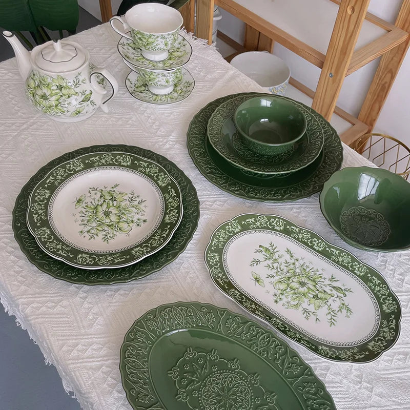 French Retro Mary Dark Green Ceramic Tableware Light Luxury Dishes Coffee Cups Teapot