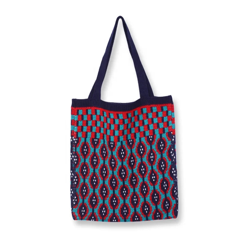 2023 Winter New Women's Polyester Geometric Crochet Knitted Tote Shoulder Bag Japan Style Two Open Closure Portable Fashionable