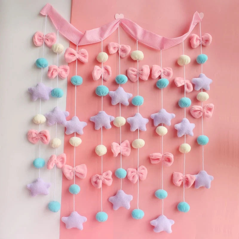 Cute Kawaii Multicolour Sweet Bowknot Pentacle Colorful Heart Star String Curtain for Girls Room Wedding Home Decor
