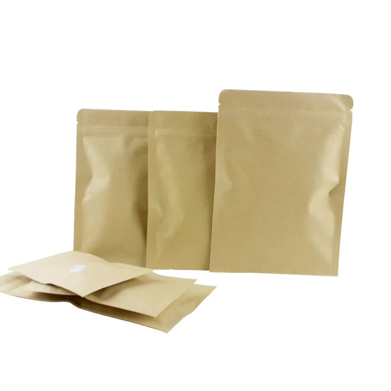 Resealable Eco Friendly Recyclable Material Zip Lock Tea Powder Spice Nuts Packaging Brown Kraft Paper Three Side Seal Bag