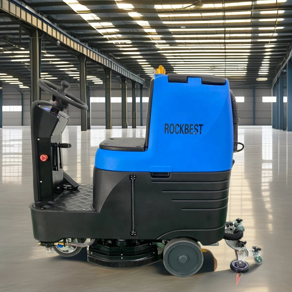 New ROCKBEST Ride Floor Cleaning Scrubber Machine 560mm Cleaning Width 820mm Squeegee 70L Solution Tank 80L Recovery Tank