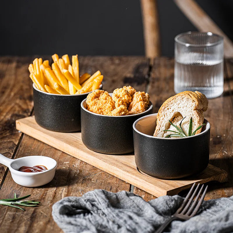 Oven Safe Small Snack Ramekin Baking Bowl Compartment Ceramic Souffle Dish With Bamboo Tray