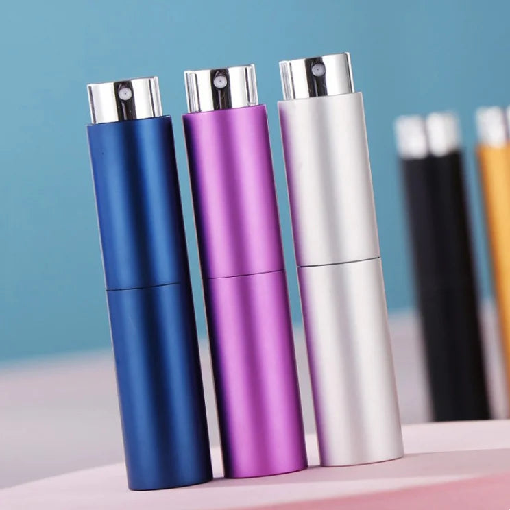 Custom Printing logo 5ml 10ml Empty Twist Rotating Matte Blue Golden Purple Glass Spray Aluminum Perfume Bottle
