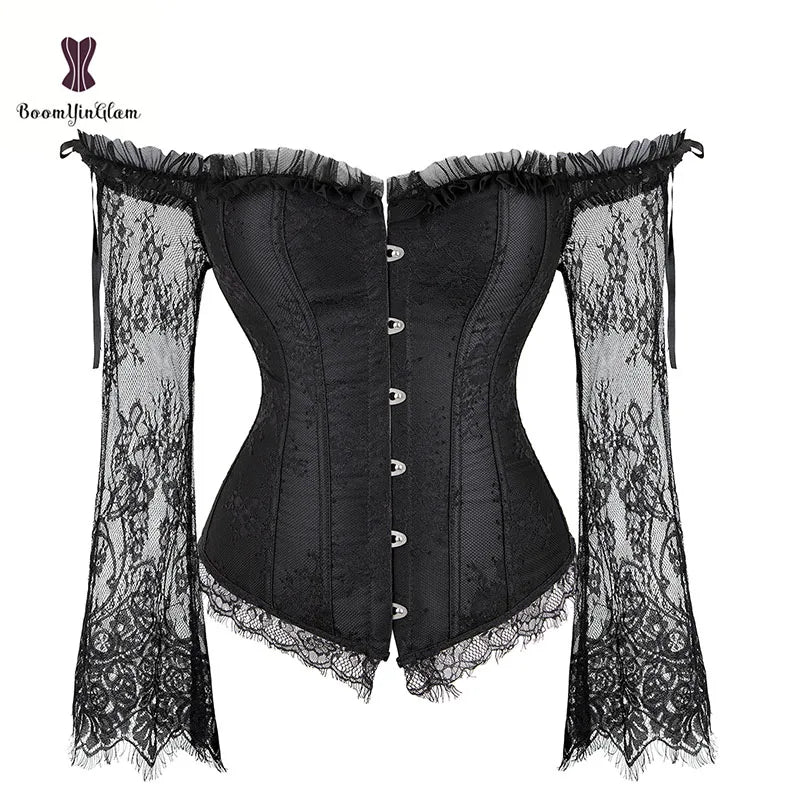 Red Black Womens Underwear or Outwear Lace Bodice Long Sleeve Steampunk Corsets and Bustier With Off Shoulder Sleeves