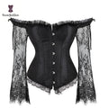 Red Black Womens Underwear or Outwear Lace Bodice Long Sleeve Steampunk Corsets and Bustier With Off Shoulder Sleeves