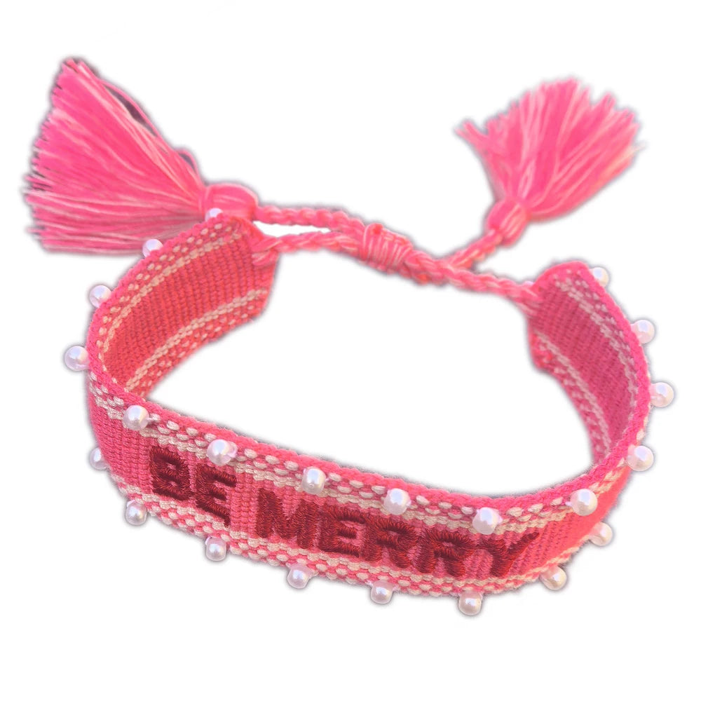 Custom Handmade Sewing White Pearl Name Letters Texts Charm Fabric Friendship Woven Embroidery Bracelet