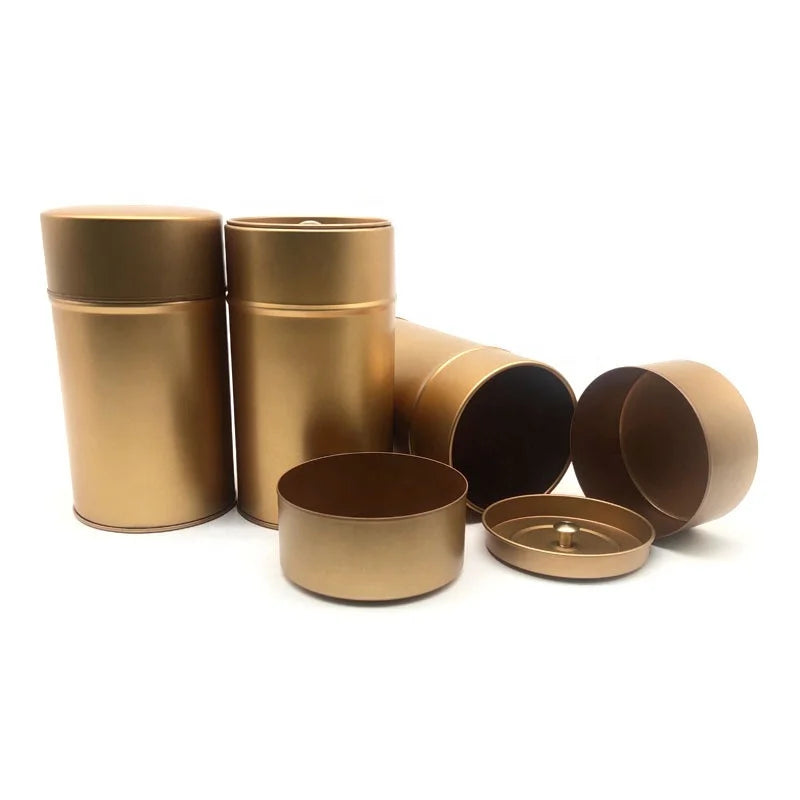 73x135MM Golden Round Tinplate Can Double Lid Airtight for Matcha Coffee Tea Chocolate Storage Custom Logo Empty