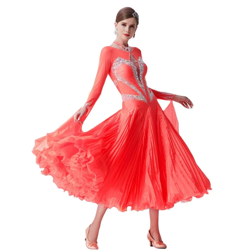 B-19426 High-end Yundance New National Standard Modern Dance Costume Competition Pleated Pearl Silk Ballroom Dance Dress Female