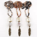 New Bohemian Jewelry 6mm Necklace  Natural Stones Knotted Antique Bronze Feather  Pendant Necklace