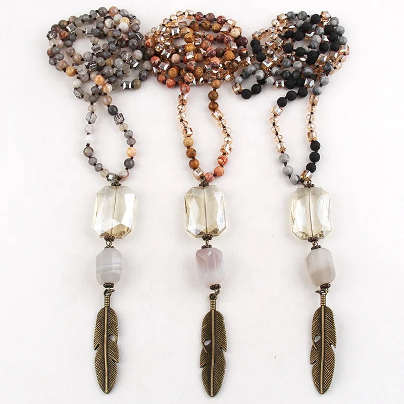 New Bohemian Jewelry 6mm Necklace  Natural Stones Knotted Antique Bronze Feather  Pendant Necklace