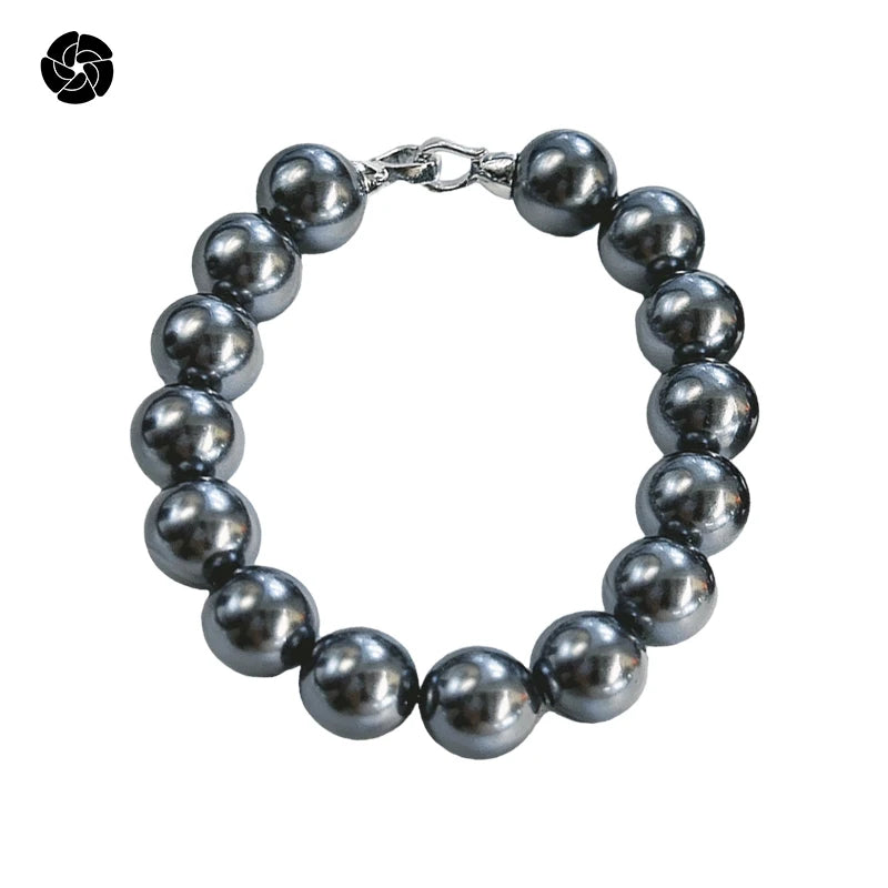 Muses Jewels Classic 10mm Black Imitation Seawater Pearl Silvery Chain 20cm Wrap Bracelet Copper Alloy Ball Shape Bangles