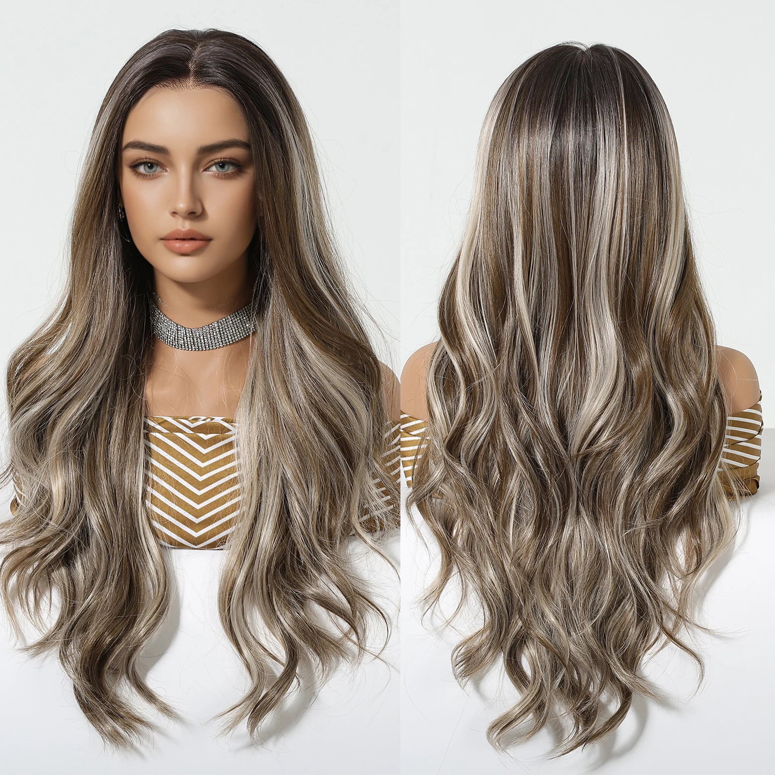 Multi Color Stripe 13*6 Large Area Lace Wig Synthetic Future Fiber Long Natural Layered Soft Wave Wig Mixed Color High Density