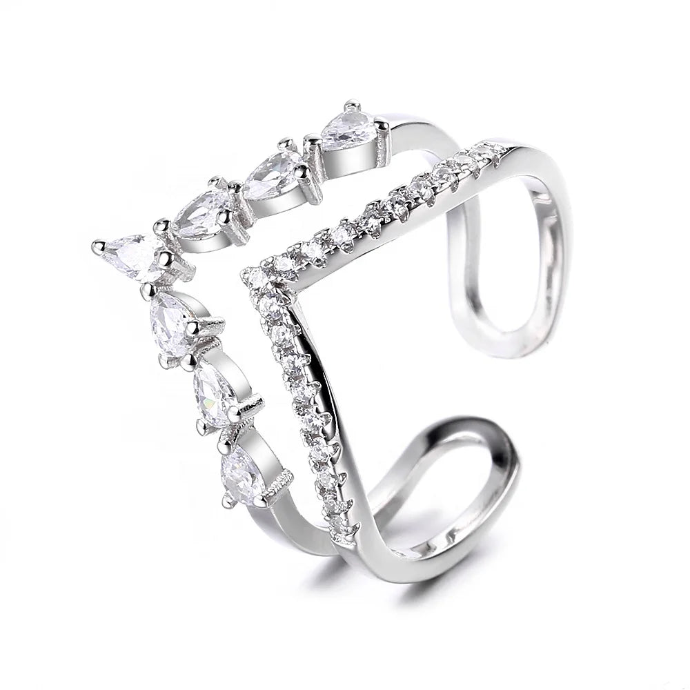 Zircon Silver Ring V Design Elegant Zircon Ring for Girlfriend Gift