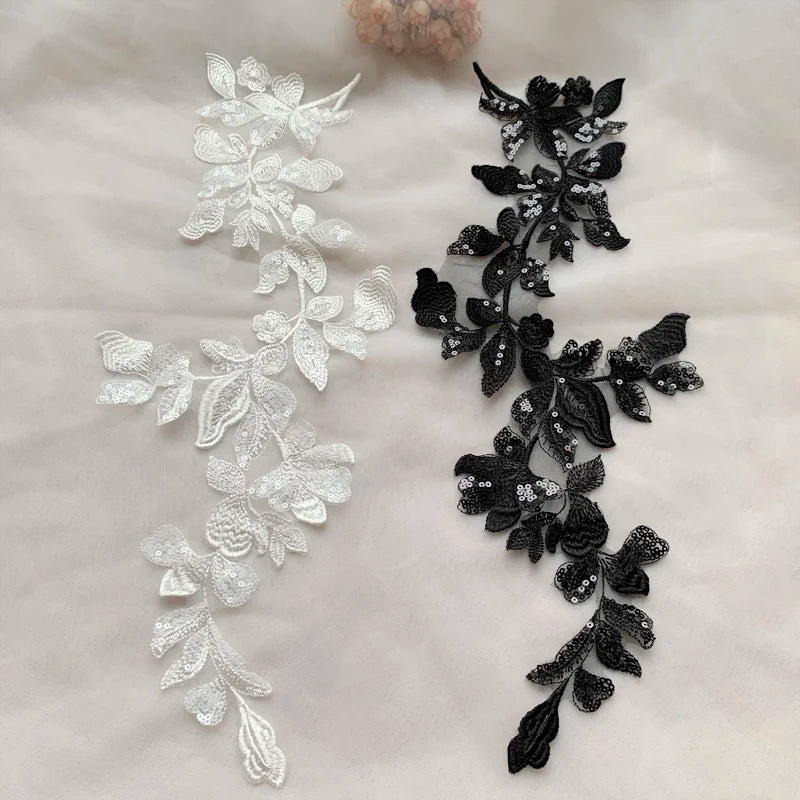 Handmade Milk White Sequin Leaf Embroidery Lace for Wedding Dress Headdress Accessories Matching Garment Decorative Features