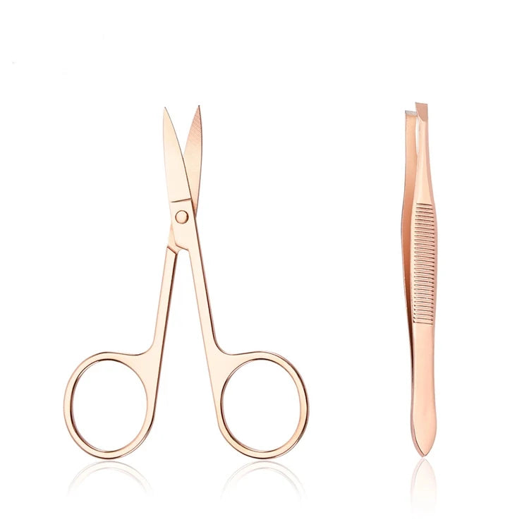 JZG Professional High Quality Eyelash Extension Tweezers Eyebrow Tweezers Stainless Steel Customized Logo Rose Gold Scissors Set