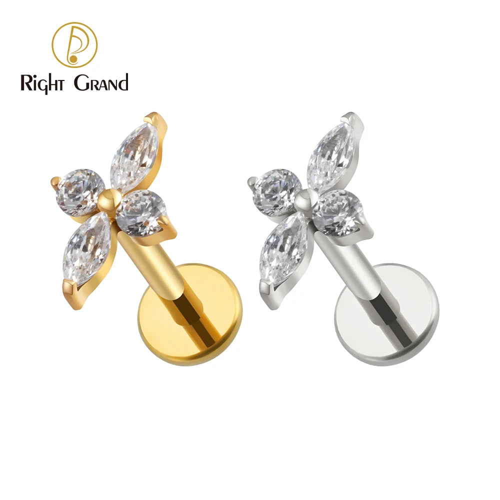 Right Grand ASTM F136 Titanium Prong Set Cubic Zirconia Flower Marquise Stud Earring Tragus Helix Cartilage Piercing Jewelry MegaBDM