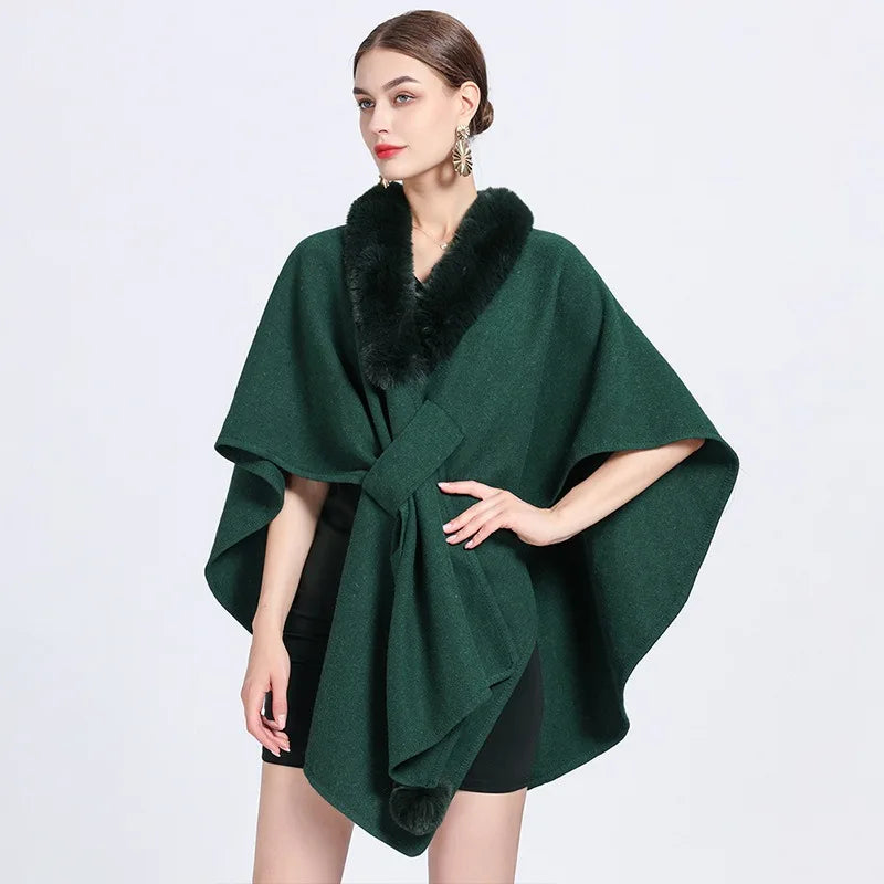 Factory Direct Sales New Imitation Rex Rabbit Fur Collar Cloak Shawl Women's Loose Knitted Cardigan Large Size Woolen Shawl