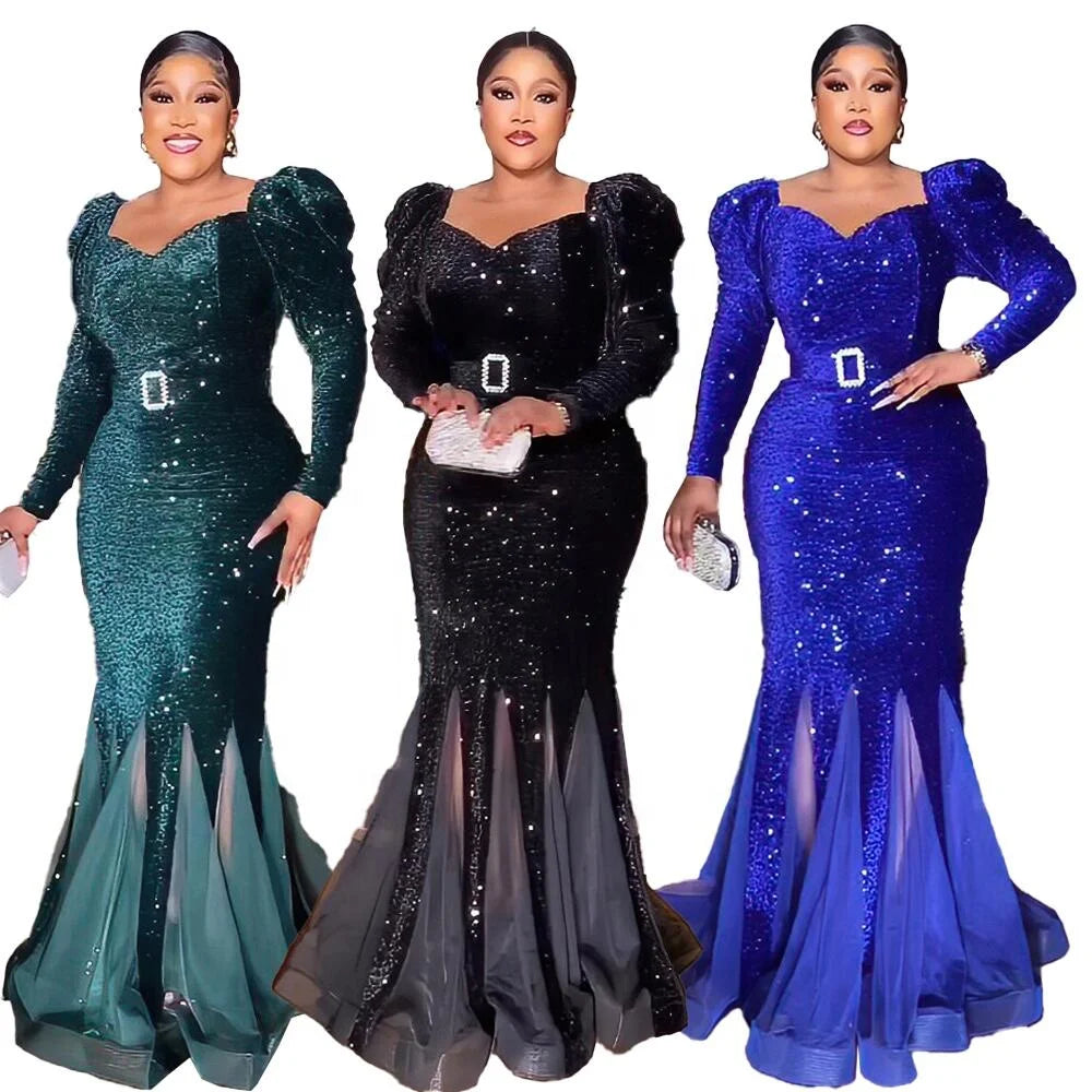 Elegance Africa Clothing Formal Wear Ladies Africa Dresses Sequin Latest African Dress Styles Hem Mesh Dress for Africa Women
