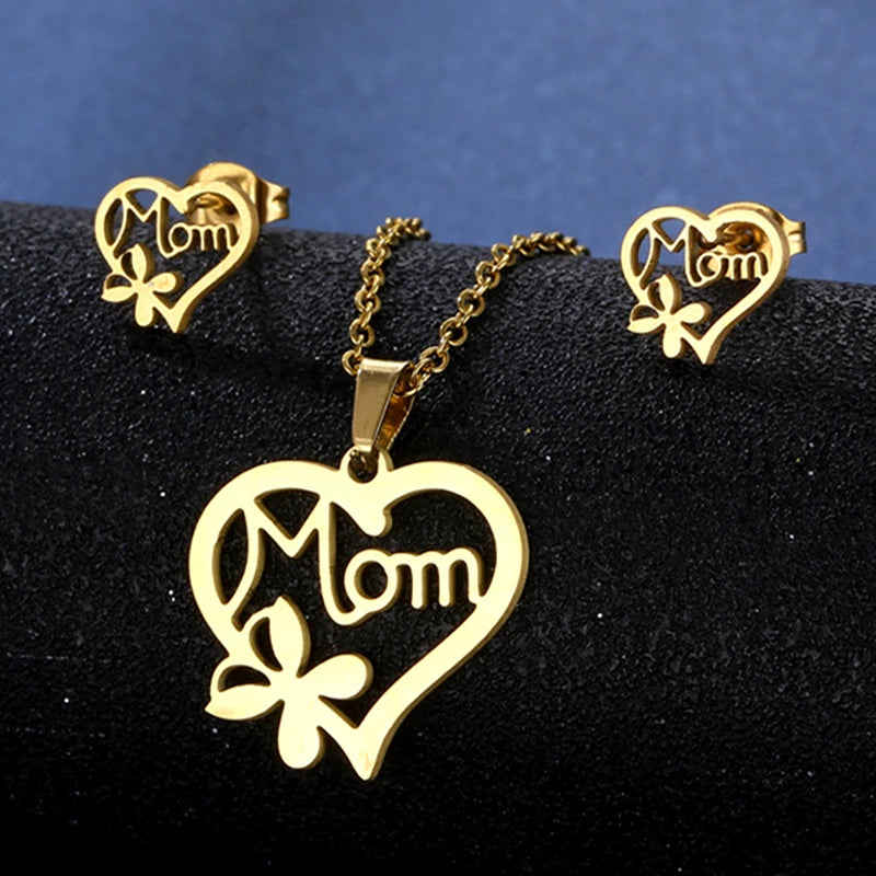 Factory Mother's Day Gift Jewelry Stainless Steel Earrings Necklace Gold Hollow Glossy Mom Heart Jewelry Set Gifts for Women