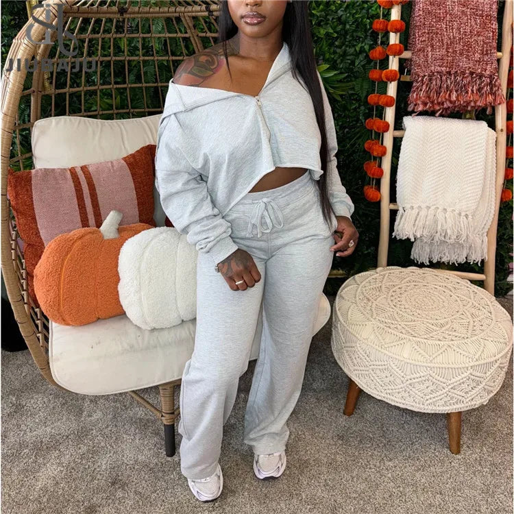 Casual Solid Sporty 2 Piece Sets Women Long Sleeve Zip Crop Hoodie and Sweatpants Matching Autumn Fitness Tracksuits
