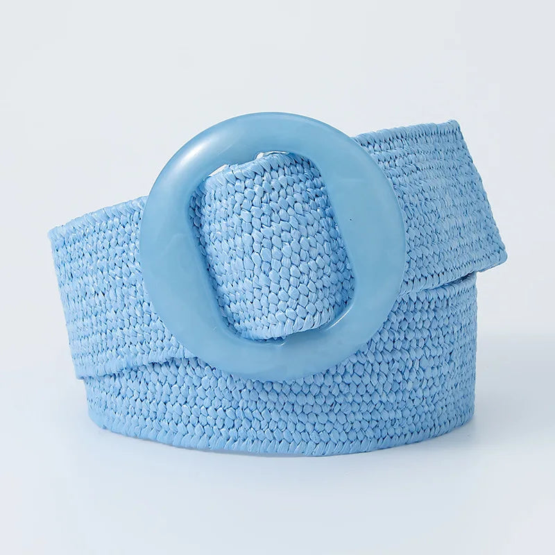 2025 Manufacturer Direct Sale Boho Chic PP Straw Weave Vibrant Resin Buckle Elastic Wide Belt for Summer Dresses