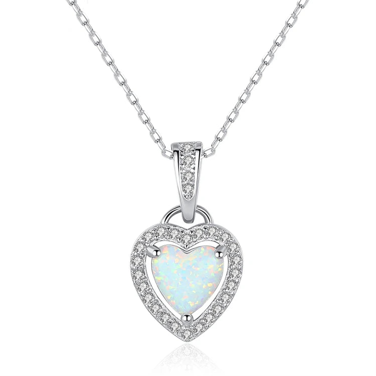 Fine Jewelry 925 Sterling Silver Rhodium Plating Love Heart Shape Natural Opal Necklace for Women
